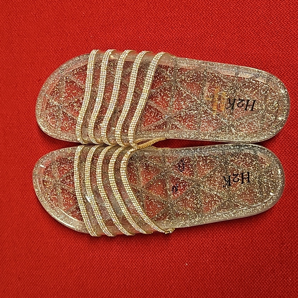 H2K silver glitter jelly rubber flip-flops slipper Sz 9 iridescent stones